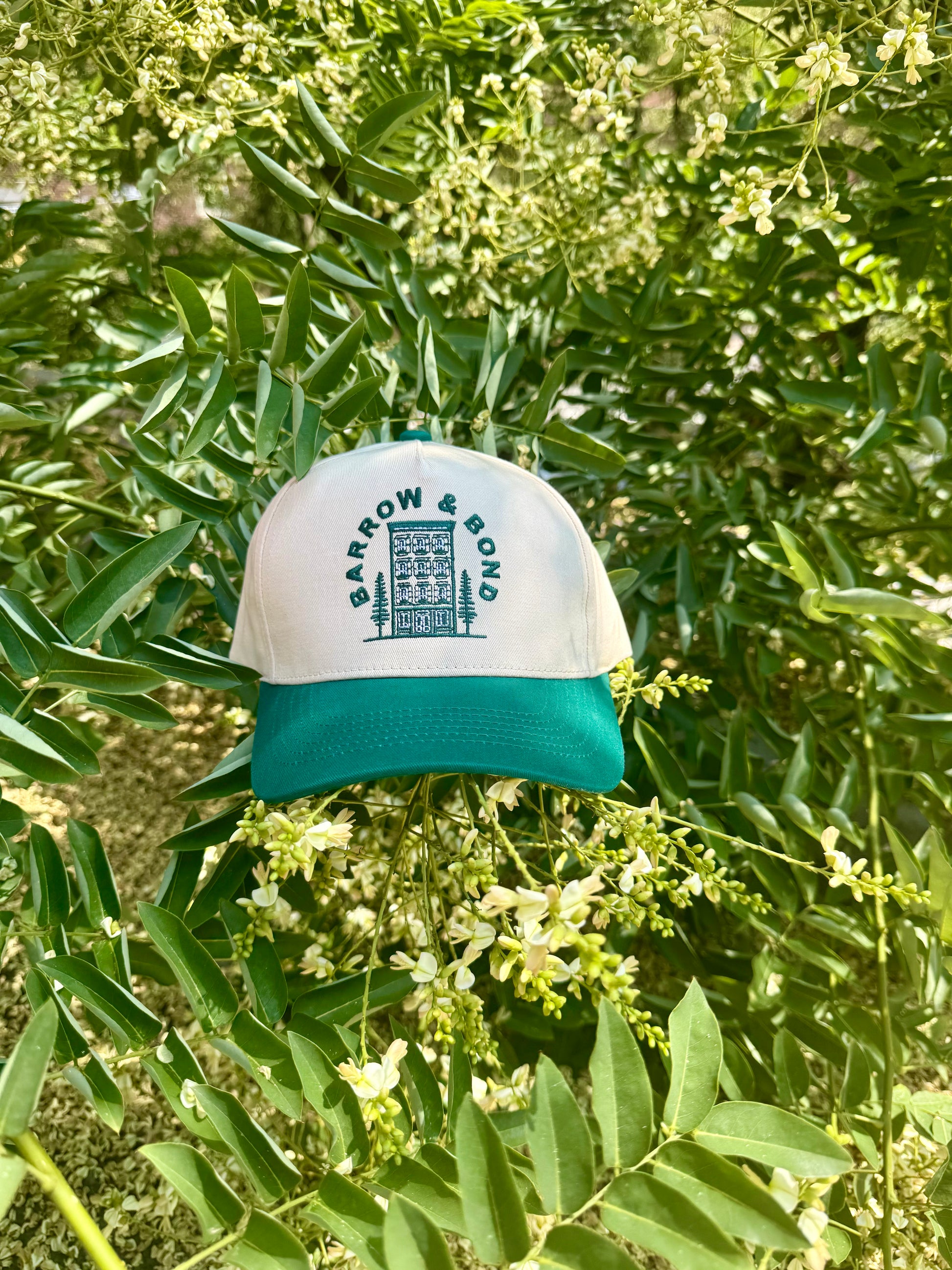 Barrow and Bond white and green cap with logo on a green leafy background