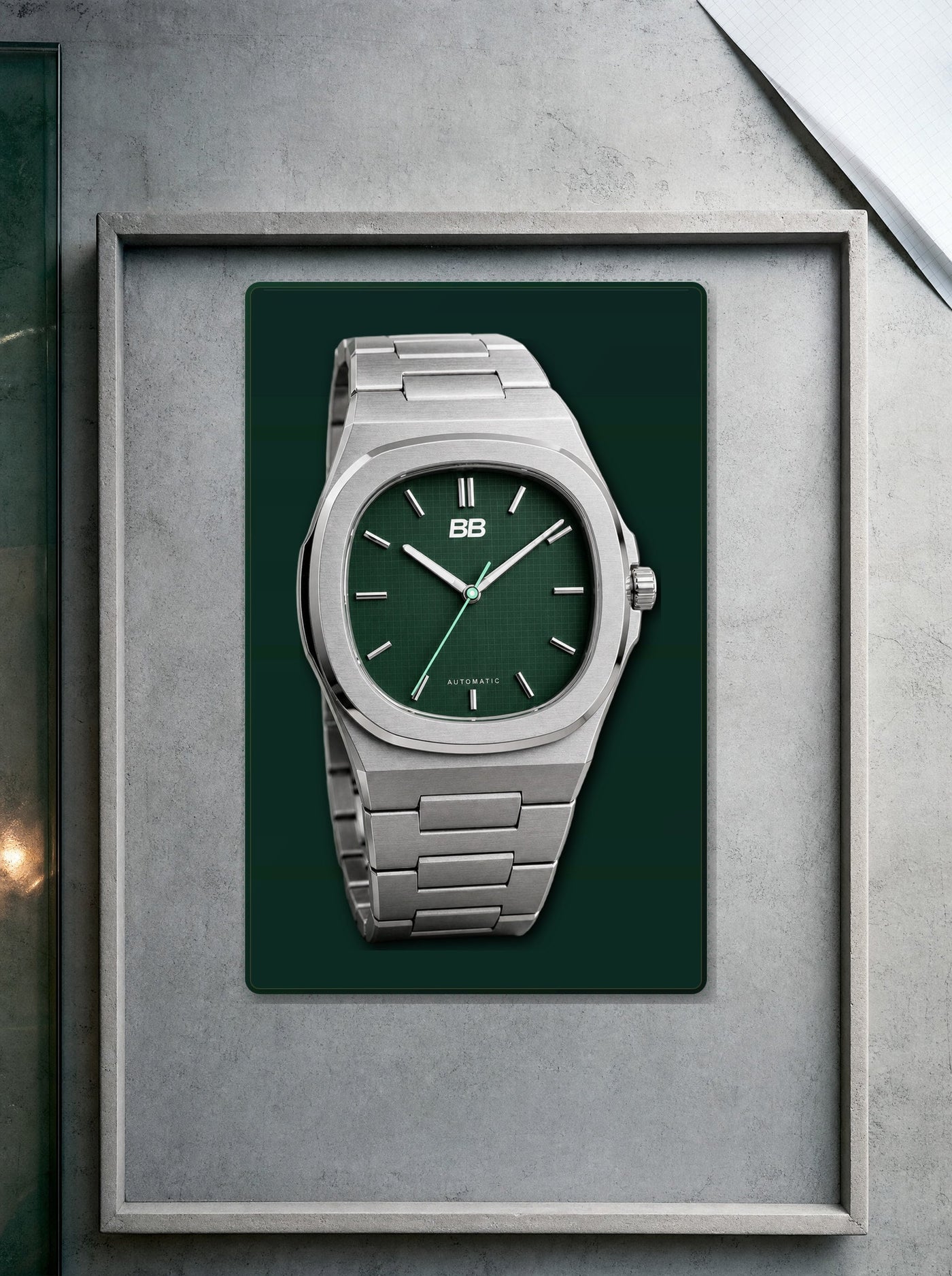 Grid 38 Deep Green in a fitted gallery tray, pre-production visualization