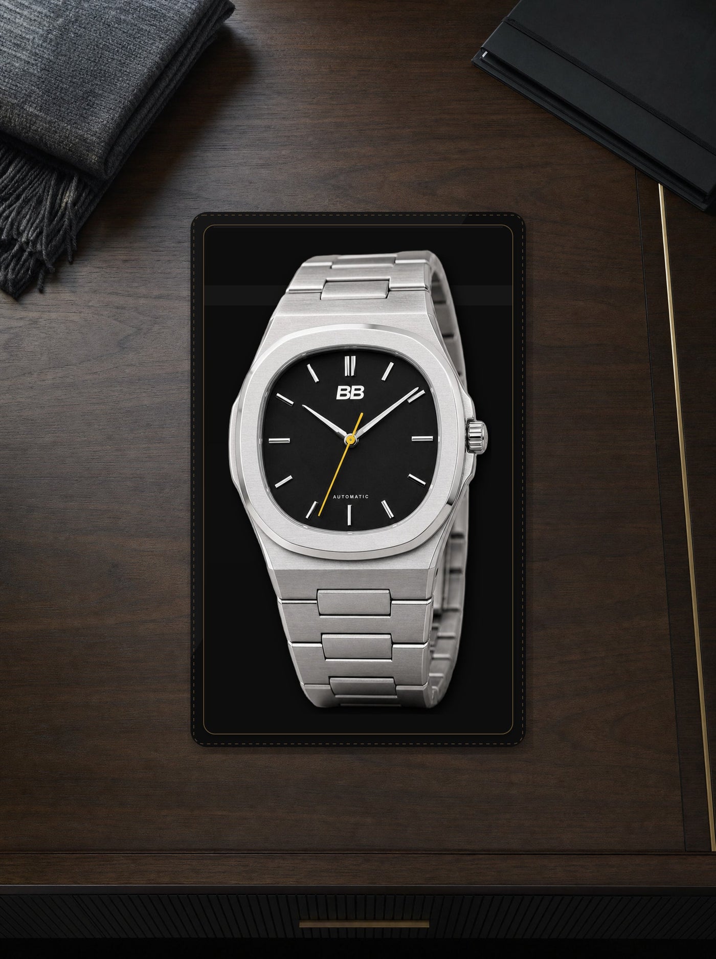 Shift 38 Signal Black in a fitted collector tray, pre-production visualization