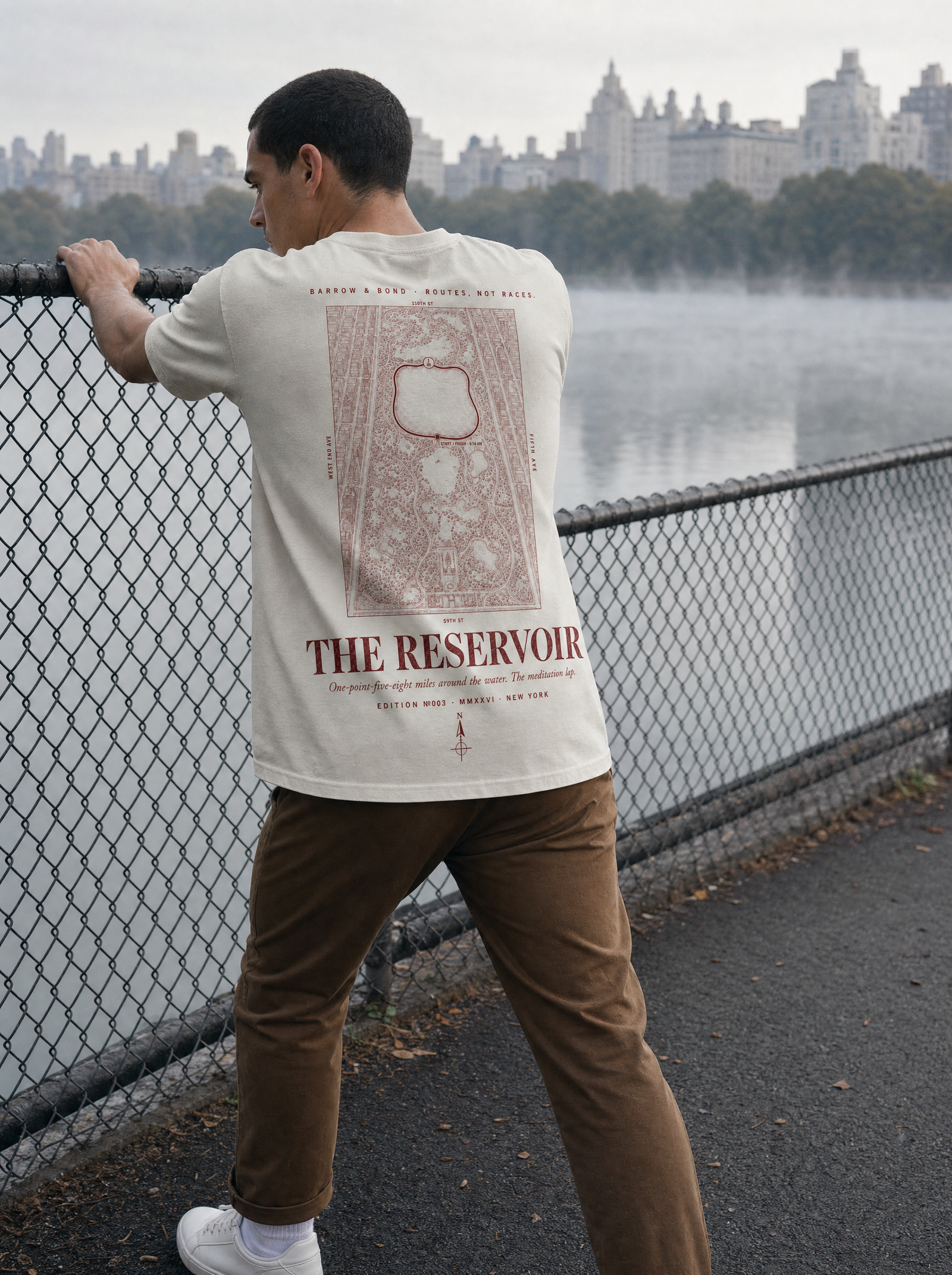 The Reservoir — model stretching at the Central Park reservoir at 6am