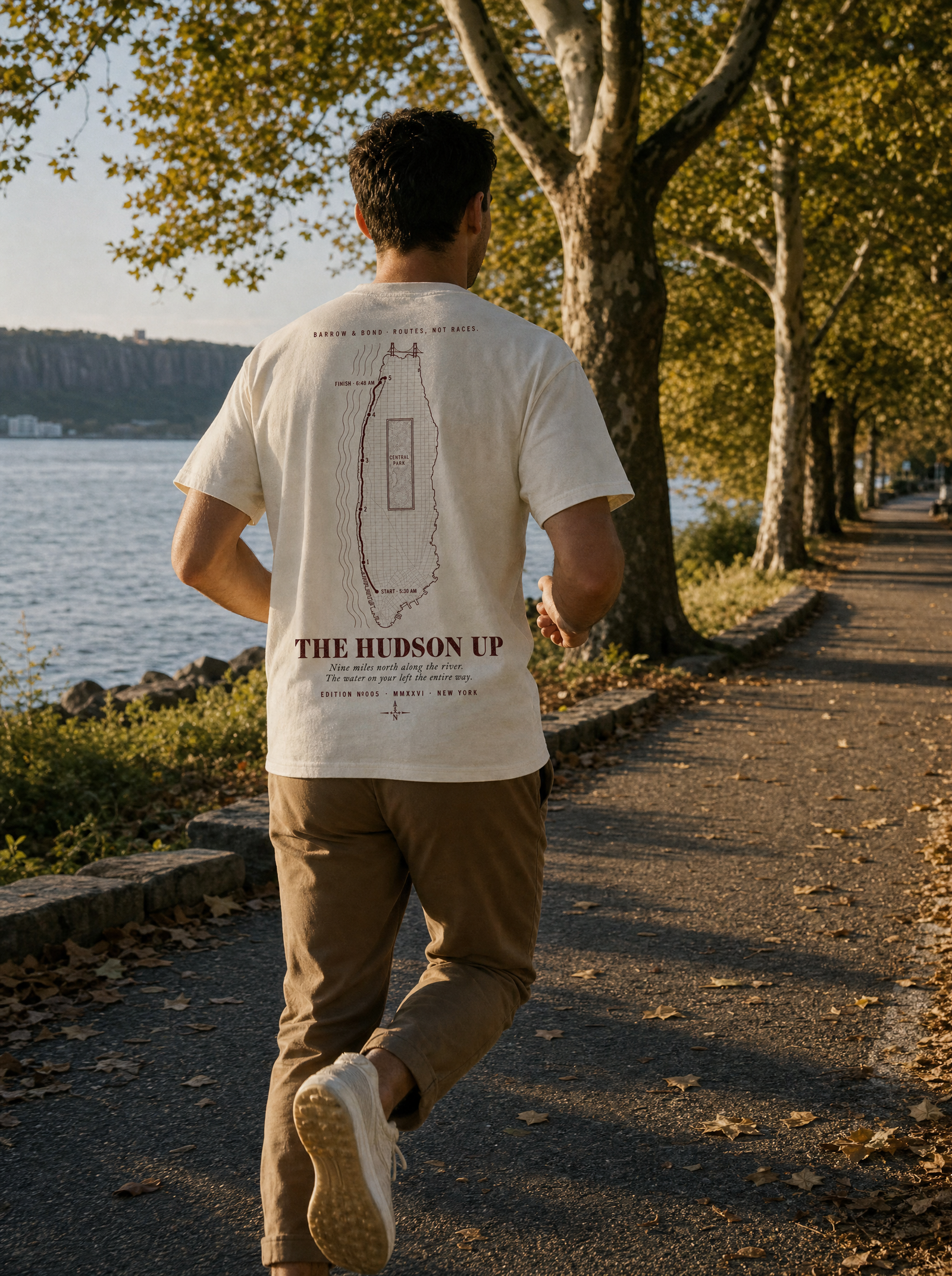 The Hudson Up — model on Riverside Park path at dawn