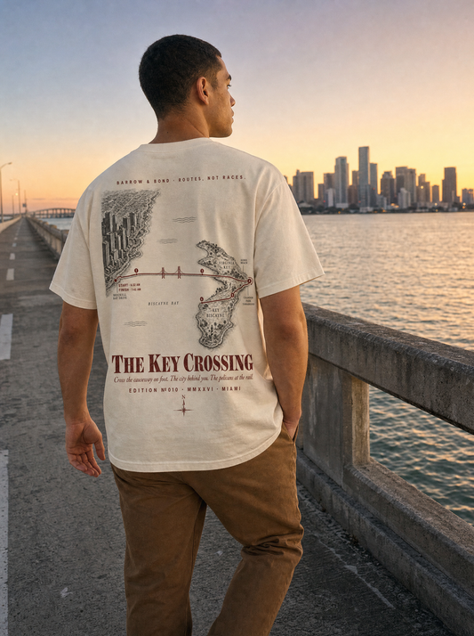 The Key Crossing — model on Miami causeway with skyline at dawn