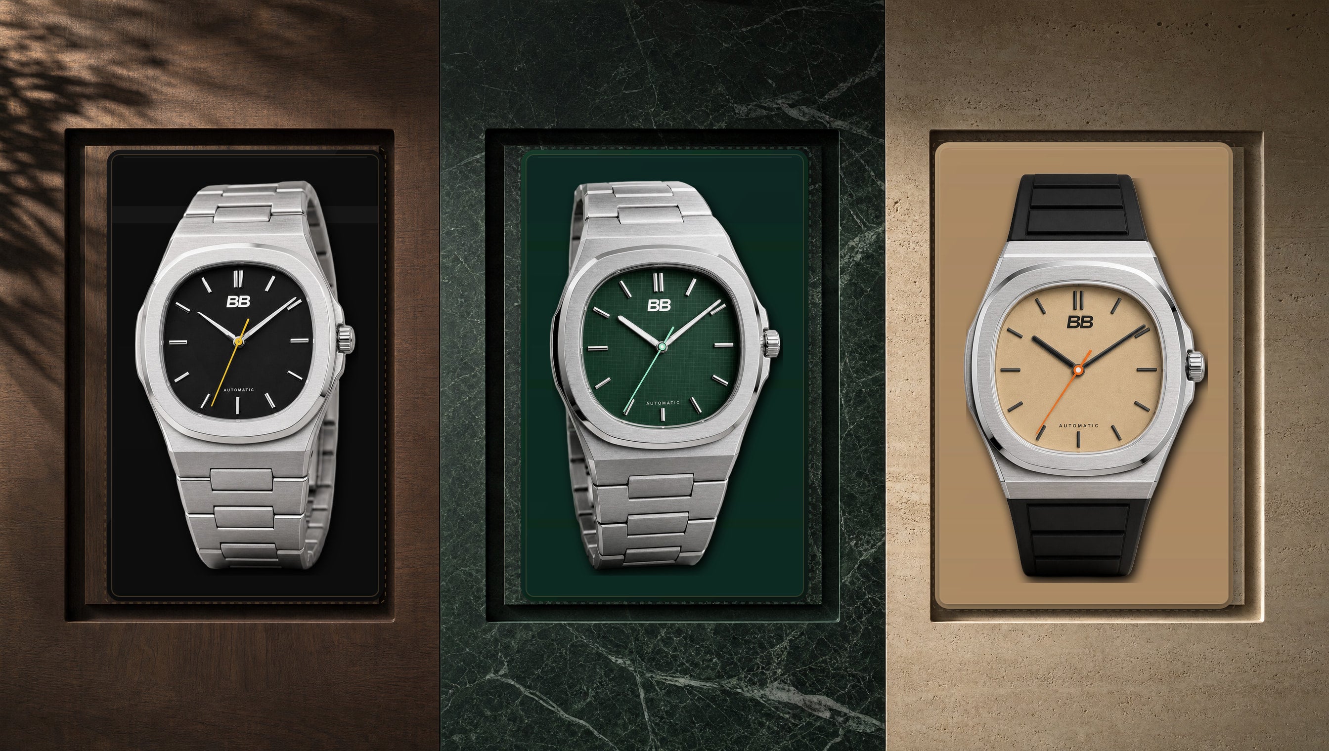 Shift 38, Grid 38, and Terminal 38 pre-production watch visualizations in fitted presentation trays