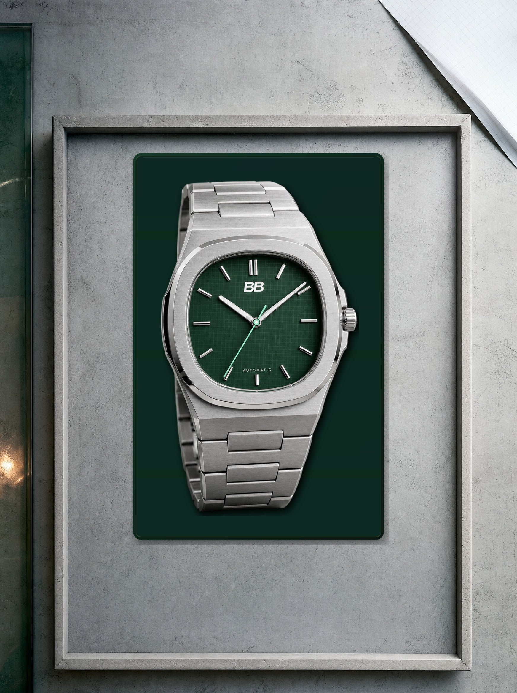 Grid 38 Deep Green in a fitted charcoal presentation tray, pre-production visualization