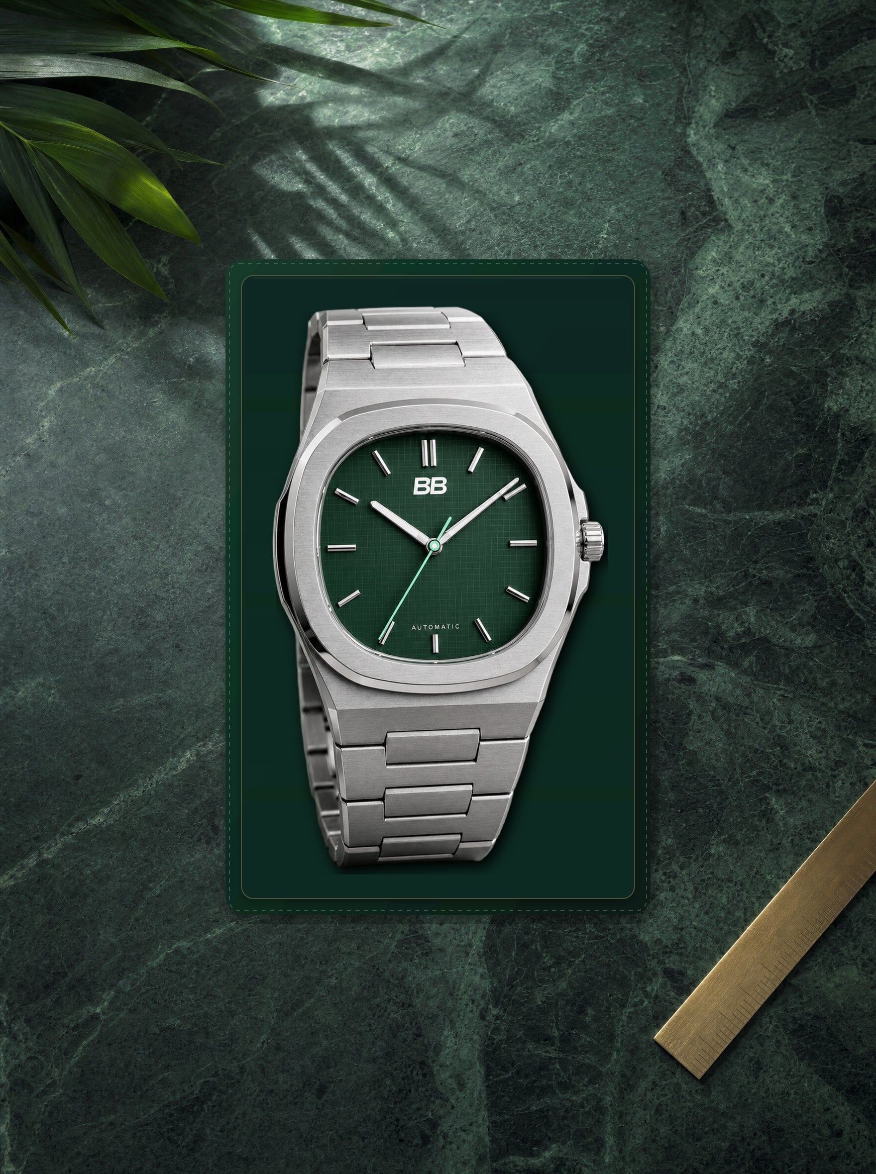 Grid 38 Deep Green in its fitted botanical tray, pre-production visualization