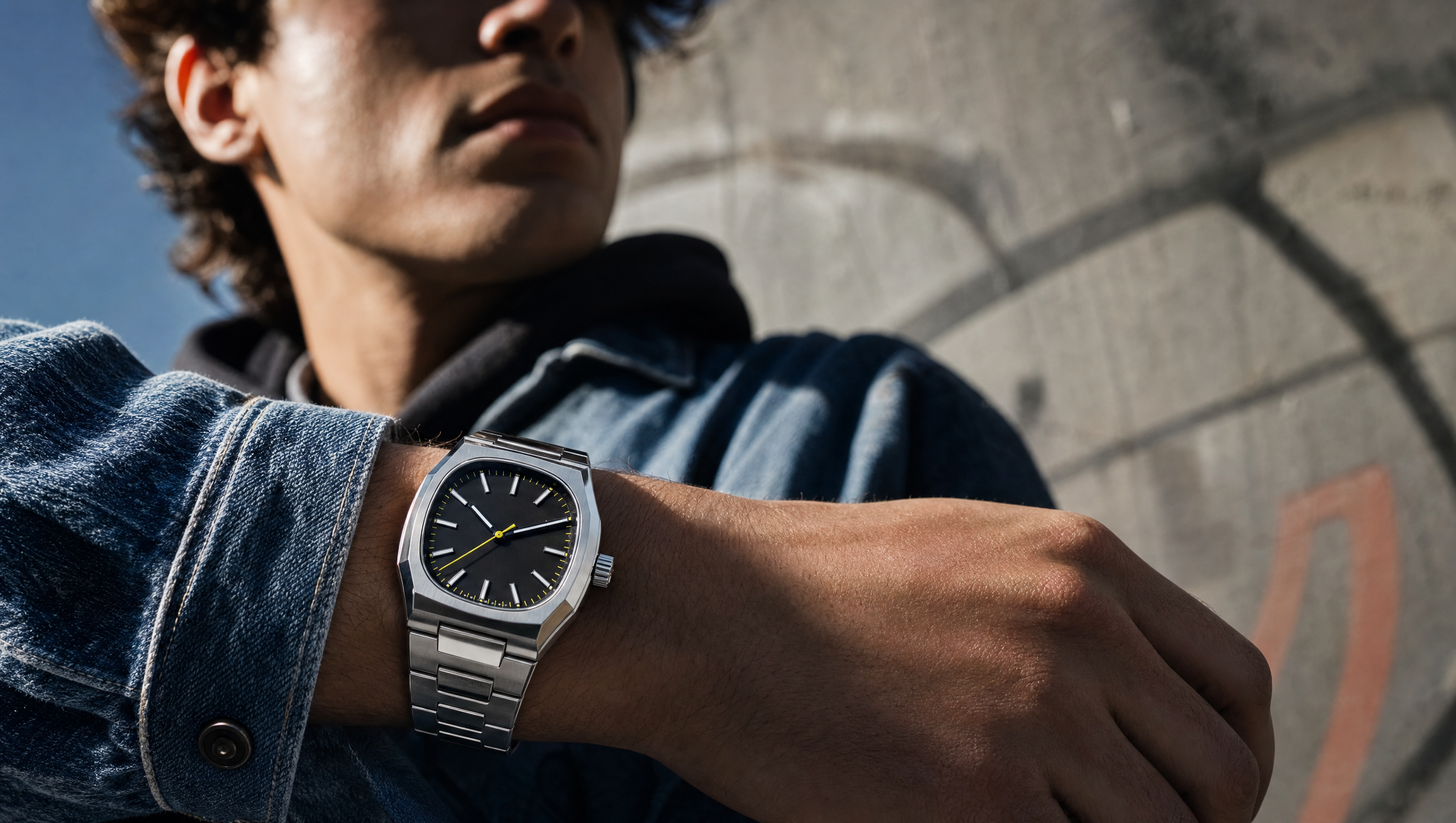 Young adult wearing a steel watch design concept in an urban setting